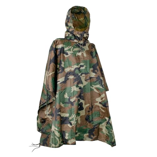 Mil-Tec Adult Ripstop Wet Weather Waterproof Rain Poncho with Hood, Can be Used as Bivouac Sack, Shelter Tent - Woodland Camo
