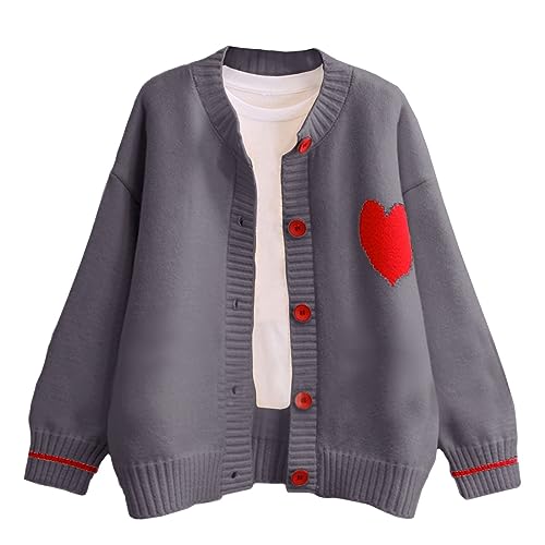FindThy Women's Cute Cardigan Sweater Kawaii Love Heart Print Y2K Button Knitted Outerwear, Grey, Small