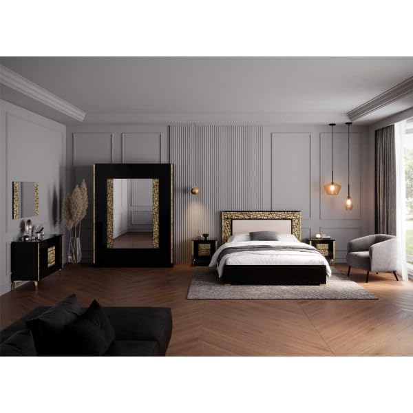 Chambre complète 160x200 Noir brillant/Or - NAHESA - Cadre de lit : L 168 x l 215 x H 112 cm ; Armoire : L 162 x l 53 x H 212 cm ; Commode : L 108 x l 41 x H 77 cm ; Chevet : L 52 xl 37 x H 54 cm ; M