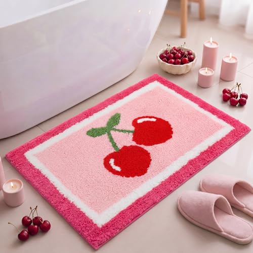 Boao Cherry Bathroom Rug Pink Tufted Cherry Bath Mat Soft Non-Slip Absorbent Cute Coquette Bathroom Decor for Bedroom Kitchen Tub Shower 24 x 16 Inches