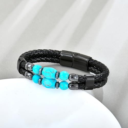 Turquoise/Tiger Eye/Lapis Lazuli/Black Onyx/Obsidian Leather Cuff Bracelet Protection Healing Stone Jewelry for Men, 8.27in/21cm4