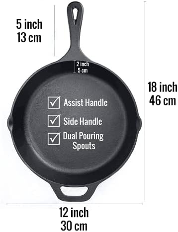 Pinnacle Cookware - 12inch / 30cm Pre-Seasoned Large Heavy Duty Cast Iron Round Skillet/Frying Pan, Oven Safe, Outdoor Cooking - Black Silicon Handle and Red Silicon Scraper Set Included (3.7Kg)