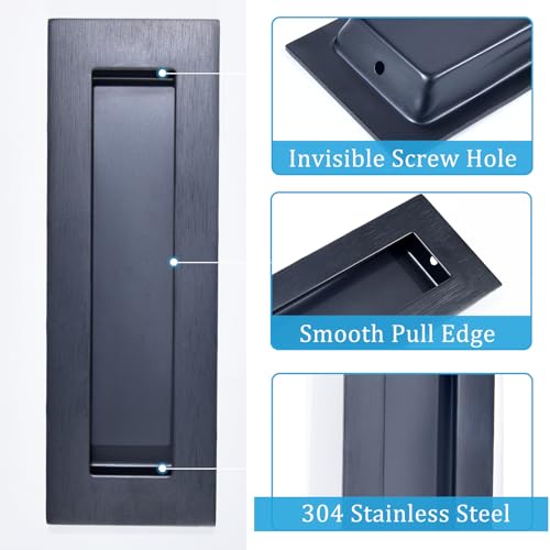 Image of Dontay Sliding Pocket Door Handles, 304 Stainless Steel Non Locking Pocket Door Hardware, Recessed Flush Finger Pulls, Heavy Duty Edge Pull with Pop Out Ring Pull (Matte Black (1 Set), 6 Inch)