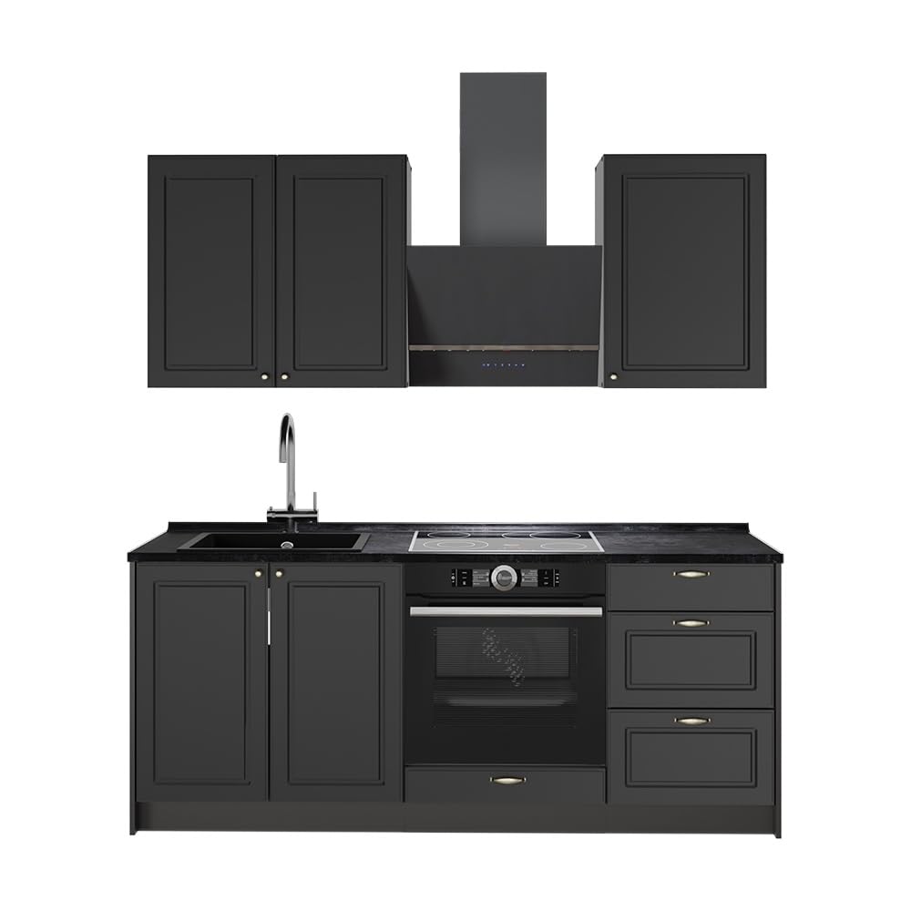 Vicco Cucina monoblocco Fame-Line Antracite country/Antracite 190 cm | 5 Moduli · Piedini regolabili in altezza · Senza piano di lavoro · Ante in MDF · Softclose · Maniglie in metallo