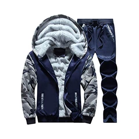 ZGZZ7 Men's Winter Athletic Sherpa-Lined Hoodies Coat Camo-Blocked Two Piece Sweatshirt Sets Active Jogger Sweatpants (Dark Blue, X-Large) Cover