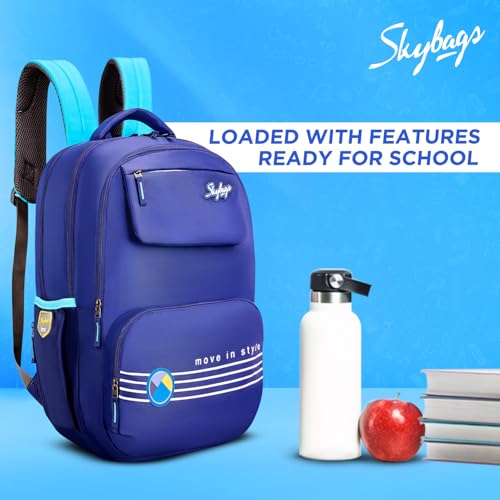 Image of Skybags Bussin Blue 42 Liters Casual Backpack for Boys & Girls with Insulated Tiffin Pocket & Rain Cover | 3 Compartments | Perfect for School & Travel - Unisex