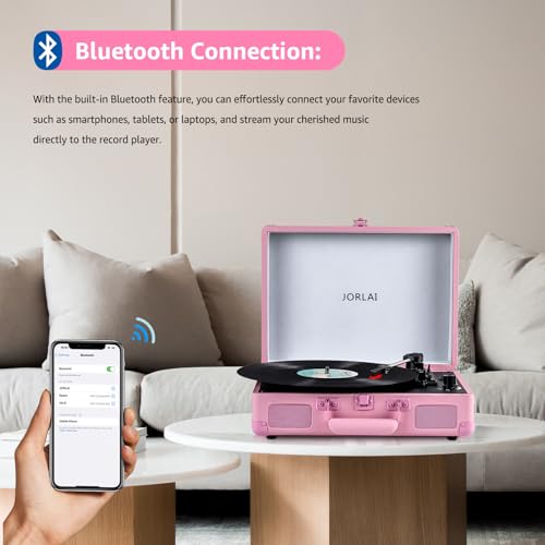 Image of Portable Record Player with Bluetooth 3 Speed Turntable Built in Rechargeable Battery Vintage Suitcase Design with RCA Line Out and Aux in