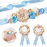 XINRUI Floral Maternity Sash Mummy Daddy to Be Corsage Pin Set Blue Teddy Bear Baby Shower Sash Belly Belt Flower Pregnancy Photo Props Maternity Photography (Champagne)