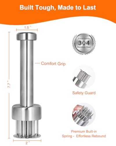 Brigii Meat Tenderizer Tool, 304 Stainless Steel, with 21 Needles & Retractable Safety Guard, for Tenderizing Beef, Turkey, Chicken, Steak, Dishwasher Safe