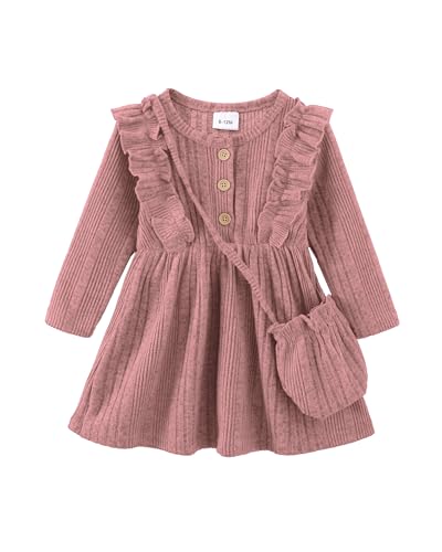 Kucnuzki Infant Baby Girl Clothes Long Sleeve Pink Ruffle Dress Round Neck Dresses Fall Winter Cute Clothes with Crossbody Bag for 6 12 Months Girl Clothes