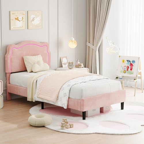 Image of GarveeHome Twin Upholstered Smart LED Bed Frame with Headboard, Velvet Princess Platform Bed Frame for Kids, Wooden Slats Support, No Box Spring Needed (Pink, Twin)