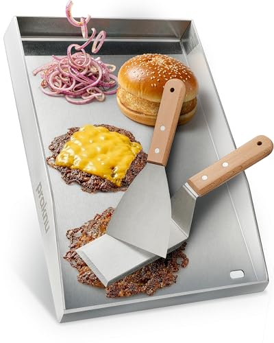 Praknu Plaque Plancha Barbecue Gaz (30x40 cm) – Avec Évacuation de Graisse – 2 Spatules Incluses – Plaque pour Barbecue Gaz & Charbon – Plancha Acier...