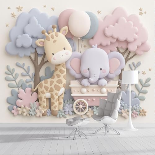 ZISTRCBAO Fondo De Pantalla Panorámica Elefante Jirafa 3D 150x105cm, Animales Del Bosque De Dibujos Animados Fotomurales Seda Para Dormitorio Infantil, Color Crema