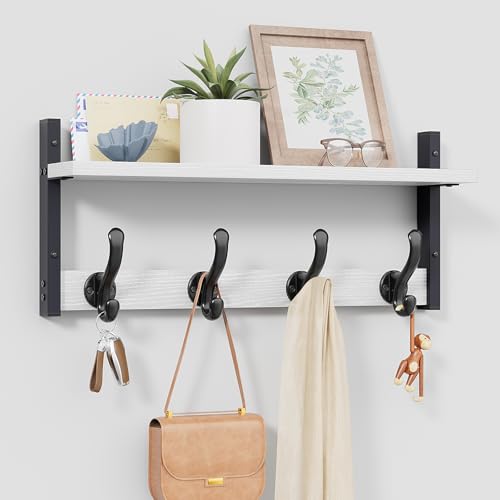 Image of Tatub 20 inch Rustic Coat Rack Wall Mount with Shelf, Wall Hooks with Shelf, Heavy Duty Entryway Organizer Hangers for Hanging, Hat, Bag, Jacket for Bathroom, Living Room, Bedroom, White