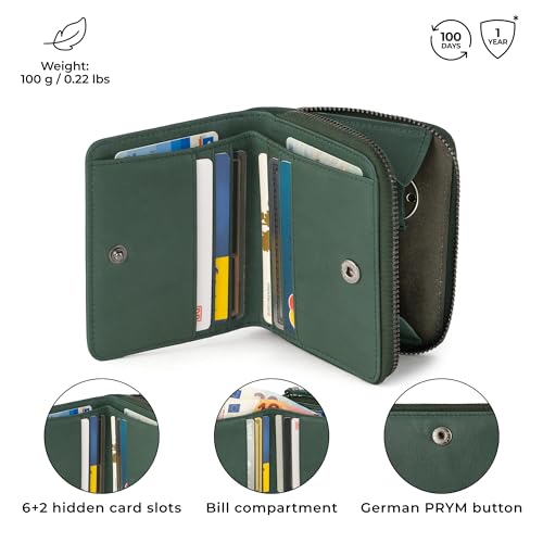 Image of BERLINER BAGS Genuine Leather Small Wallet Women Sara, Gift Box - Green | Soft Leather Bifold Zip Wallet, Fits Purses & Crossbody Bags, 8 Card Slots, Zipped Coin Pocket, RFID Blocking