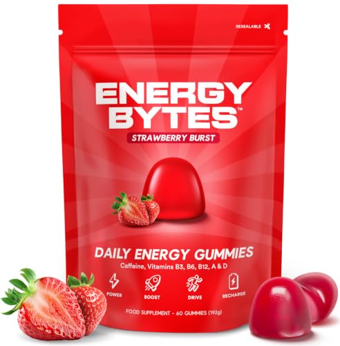 Energy Bytes Daily Energy Gummies Fast Acting Caffeine Chews with Vitamins B3 B6 B12 A & D Stay Focused and Energised Through Your Day 60 Count