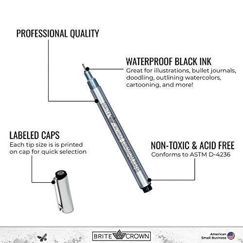 Brite Crown Drawing And Sketching Pens Set - 10 Black Fineliner Pens 0.2Mm To 1.0Mm Width Tips & 2.5Mm Micro Calligraphy Brush-Tip Pen, Ideal Gift Idea For Artists And Beginners #TOP4