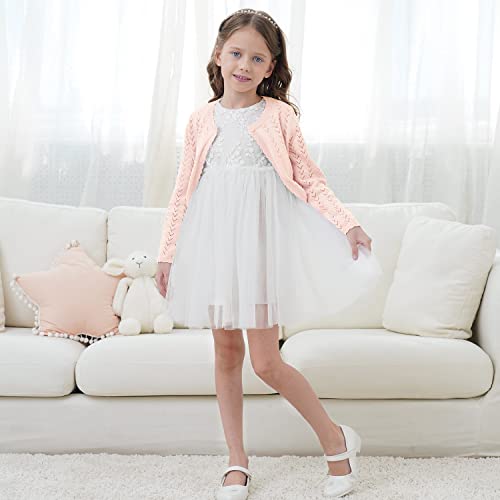 Image of Kids Girls Open Front Bolero Shrug Long Sleeve Button Down Cropped Cardigan Sweaters Shrug Dress 3-12 Years,Light Peach Pink,7 /8