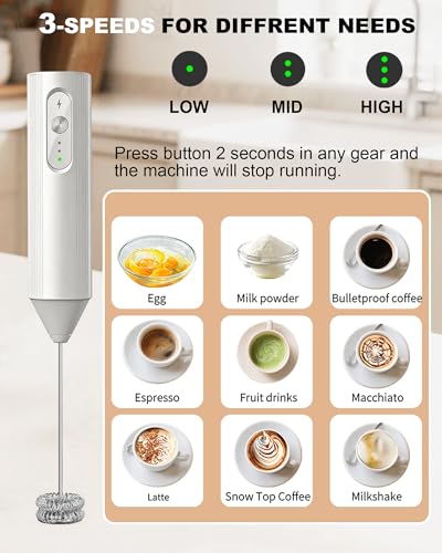 Image of 3-Speed Rechargeable Milk Frother with Cover, Dual Coil Whisk Coffee Frother Handheld - Portable Hand Frother Wand for Coffee Matcha Cappuccino & Hot Chocolate, Kitchen Gift, White