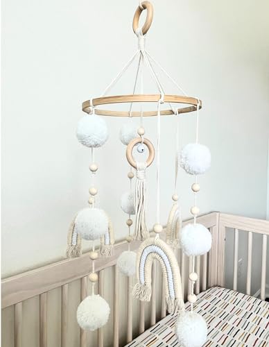 Image of Boho Baby Mobile for Crib - Rainbow Boho Nursery Decor for Girl or Boy - Neutral Wooden Hanging Mobile for Bassinet and Crib - Handmade with Bell for Soothing Stimulation – Perfect Baby Shower Gift