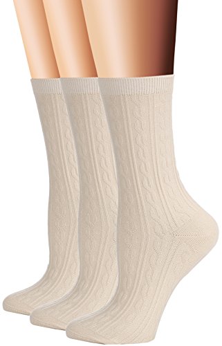 Flora&Fred Women's 3 Pair Pack Cable Knit Cotton Crew Socks