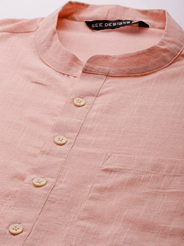 Image of See Designs Pink & White Cotton Regular Fit Kurta Set Madern Collar Stright Hem Side Full Sleeve Straght Kurta With Pyjama