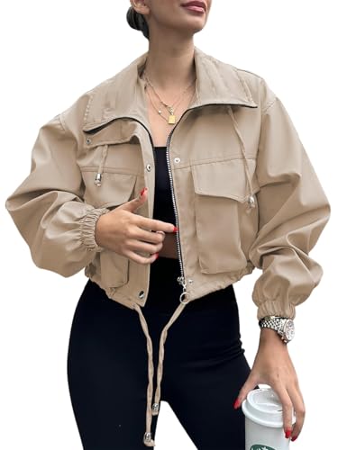 Tankaneo Damen Crop Zip Up Jacke Oversized Langarm Anorak Coat mit Taschen Reißverschluss Kurz Bomberjacke Khaki XXL