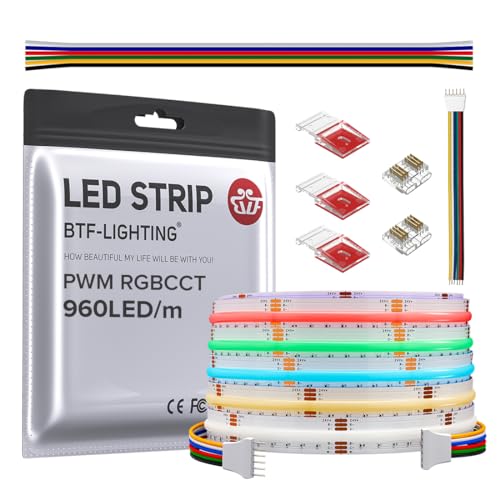 BTF-LIGHTING FCOB COB LED Strip RGBCCT Color Changing 16.4FT 960LED/m Flexible High Density Light RGB+CCT Tunable 3000K-6000K DC24V 12mm Width for Indoor Decor(No Adapter or Controller)