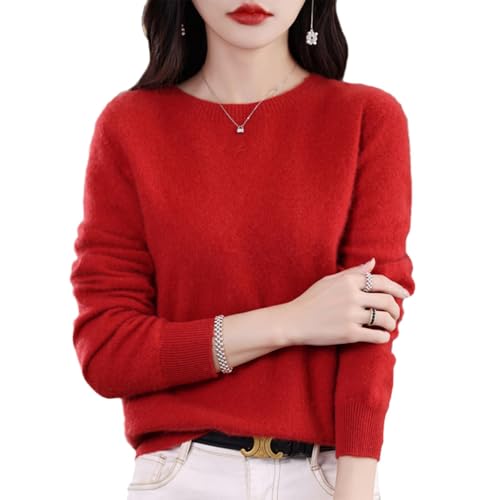 QuyiFa Camisolas de caxemira para mulher, camisolas de caxemira, camisola de lã mineral para mulher, camisola de malha leve, Vermelho, M