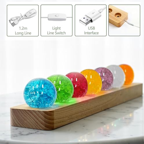 Image of L LOHAS LED 7 Colors 40mm Ice Cracked Balls Crystal Chakra Balls | LED Wooden Base Glass Healing Sphere Balls with Stand Night Light Decoration Quartz for Home Living Room