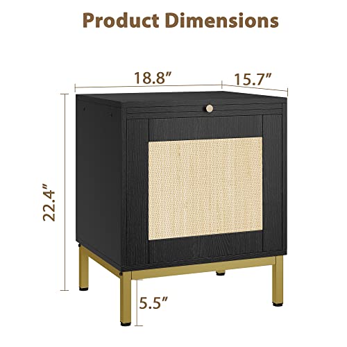 Homhougo Rattan Nightstands With Tray Set Of 2, Classic Wood Grain Pattern Side Table, Accent Table, End Table With Storage Shelf For Entryway, Bedroom, Black #TOP2