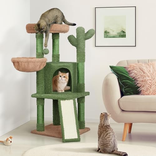 Yaheetech Árbol Rascador para Gatos Verde Cactus 42,5x42,5x106,5cm Torre para Gato Árbol para Mascota Estable de Varios Niveles con Canasta Verde y Marrón