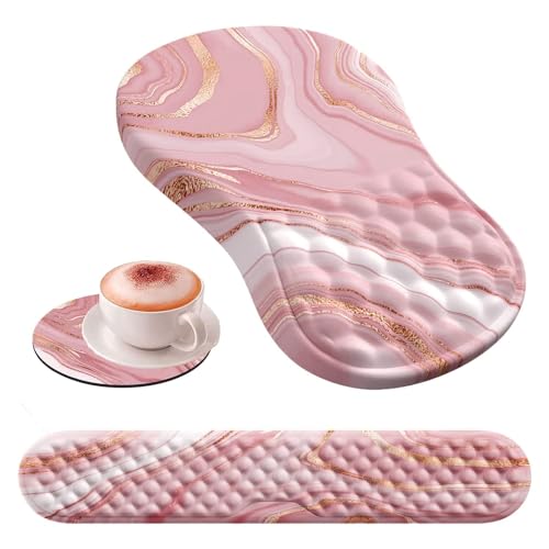 HAOCOO Keyboard Wrist Rest, Ergonomic Mouse Pad with Wrist Rest, 3 in 1 Keyboard and Mouse pad with Coaster Set, Memory Foam Wrist Support, Non-Slip PU Base for Home Office, Rose Gold Pink