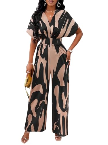 Image of PerZeal Women's V-Neck Short Sleeve Printed Jumpsuit with Pockets - Casual Wide Leg One-Piece Romper for Summer(S-XXL)
