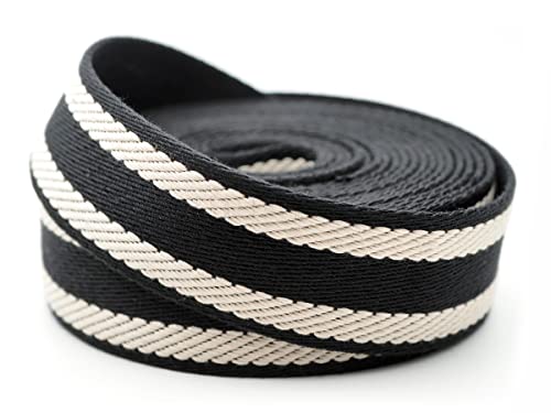 CRAFTMEMORE 1.5 Inches Cotton Webbing Strap, Spiral Pattern, Heavy Webbing Straps for Arts and Crafts, Luxury Bag Strap (5 Yards, Black-Ivory)