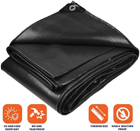 Tarpco Safety Extra Heavy Duty 14 Mil Tarp Cover, Waterproof, UV Resistant, Rip and Tear Proof, Poly Tarpaulin with Reinforced Edges for Roof, Camping, Patio, Pool, Boat (Black 20′ X 35′)
