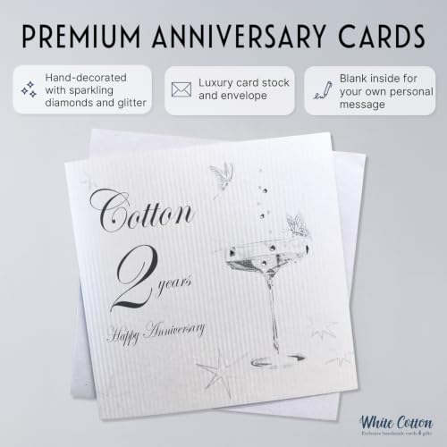 WHITE COTTON CARDS BD102C Coupe szkło 'Happy Anniversary 'Cotton' 2 lata ręcznie wykonana karta rocznicowa, biała