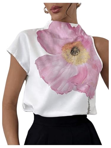 WDIRARA Women's Floral Graphic Print Blouse Mock Neck Top Asymmetrical Shirts White Medium