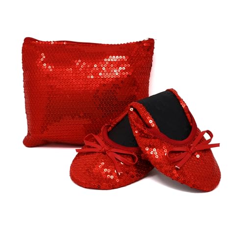 Silky Toes Women\'s Foldable Sequin Shoes Dressy Ballet Flats Roll Up Slipper Shoe with Matching Carrying Pouch Red-Large