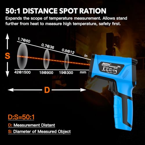 MESTEK Infrared Thermometer Temperature Gun, -40℉ to 2192℉ Dual Laser High Temp Thermometer with LCD Color Display, Non-Contact Industrial Pyrometer 50:1 Distance Ratio, Adjustable Emissivity - Thumbnail 3