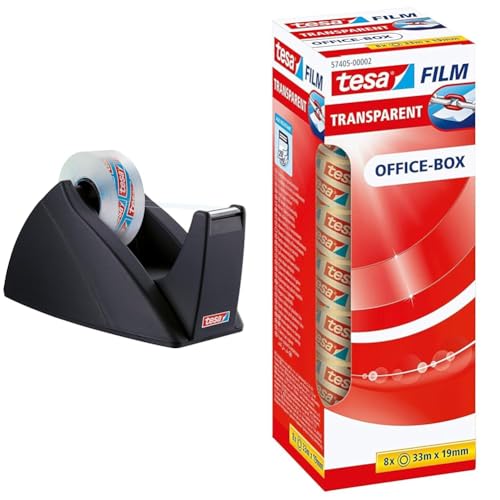 tesa Easy Cut Tischabroller - Nachfüllbarer, standfester Klebeband-Spender für Klebebandrollen bis 33 m x 19 mm - Schwarz & film transparent - Transparentes Klebeband - 33 m x 19 mm - 8er Pack