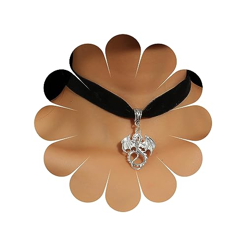 TseenYi Negro Collar Gargantilla De Terciopelo Goth Dragón De Plata Colgante Neckalce Punk Dragón De Terciopelo De Gamuza Neckalce Oscuro Dragón Collar De Joyas Para Mujeres Y Niñas Regalos