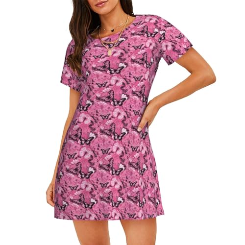 Chemise de nuit légère pour nuits chaudes motif papillon rose