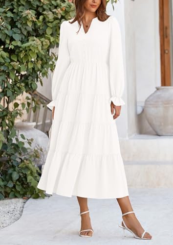 PRETTYGARDEN Long Sleeve Dress for Women 2025 Fall V Neck Tiered Aline Spring Elegant Modest Flowy Wedding Guest Maxi Dresses