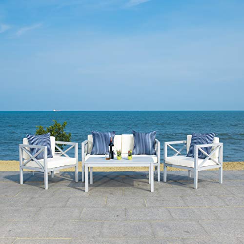 Safavieh Pat7031H Nunzio 4-Piece Patio (Pillows Included) Outdoor Set, Grey/Beige + Thin Stripe P #TOP1