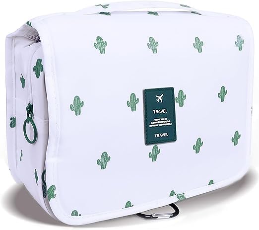 Image of Travel Toiletry Bag with Hanging Hook, Waterproof Cosmetic Organizer Pouch, Foldable Makeup Storage Case with Mesh & Transparent Compartments, Portable Travel Accessories Bag (White White)