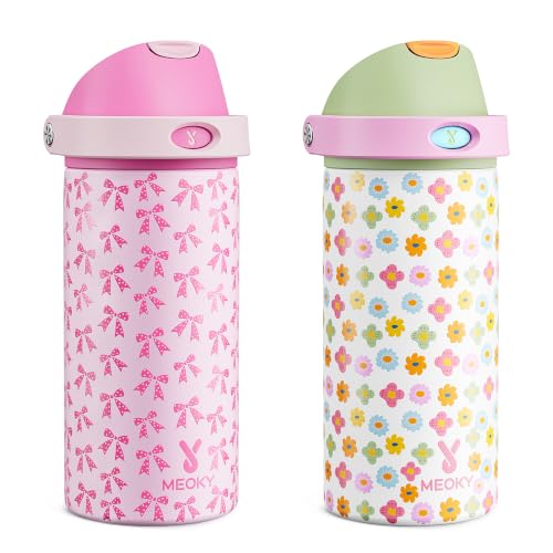 Image of Meoky 2 Pack 18 oz Insulated Stainless Steel Water Bottles for Kids Girls | 2-in-1 Straw and Spout Lid, Leak Proof, Fits in Car Cup Holder, BPA-Free for School Backpacks, Pink Bows & Rainbow Blooms