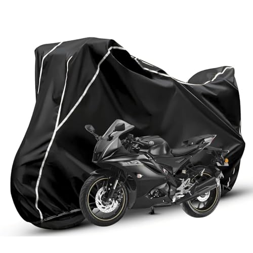 Image of Waterproof Bike Body Cover Compatible with Yamaha R15 Dustproof Scratchproof - Motorcycle Cover for Two Wheeler, Outdoor Full Cover with UV, Duty, Rain Protection (Black & White)