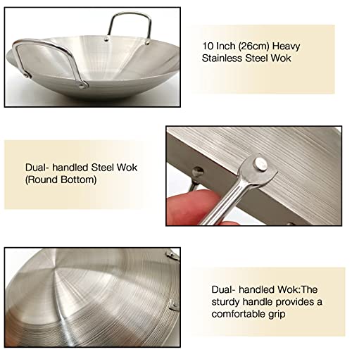 Nikujuga 26Cm/10.23In Thickened Stainless Steel Wok Dual- Handled Wok Frying Pan For Chinese Style Stir-Fry, Noodles, Vegetables #TOP4