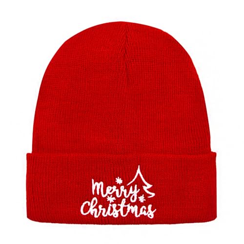 WALNOVA Christmas Beanie Hat for Men Women, Knit Cuffed Warm Embroidered Merry Christmas Winter Cap for Holiday Party, Red
